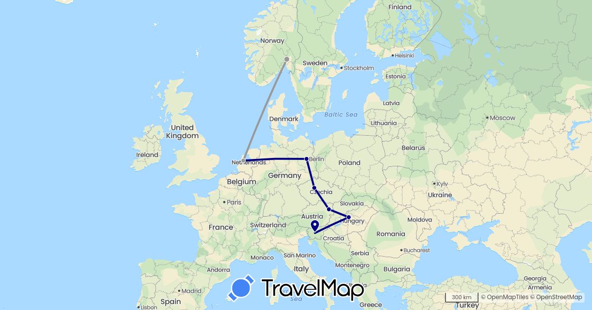 TravelMap itinerary: driving, plane in Austria, Czech Republic, Germany, Hungary, Netherlands, Norway, Slovenia (Europe)